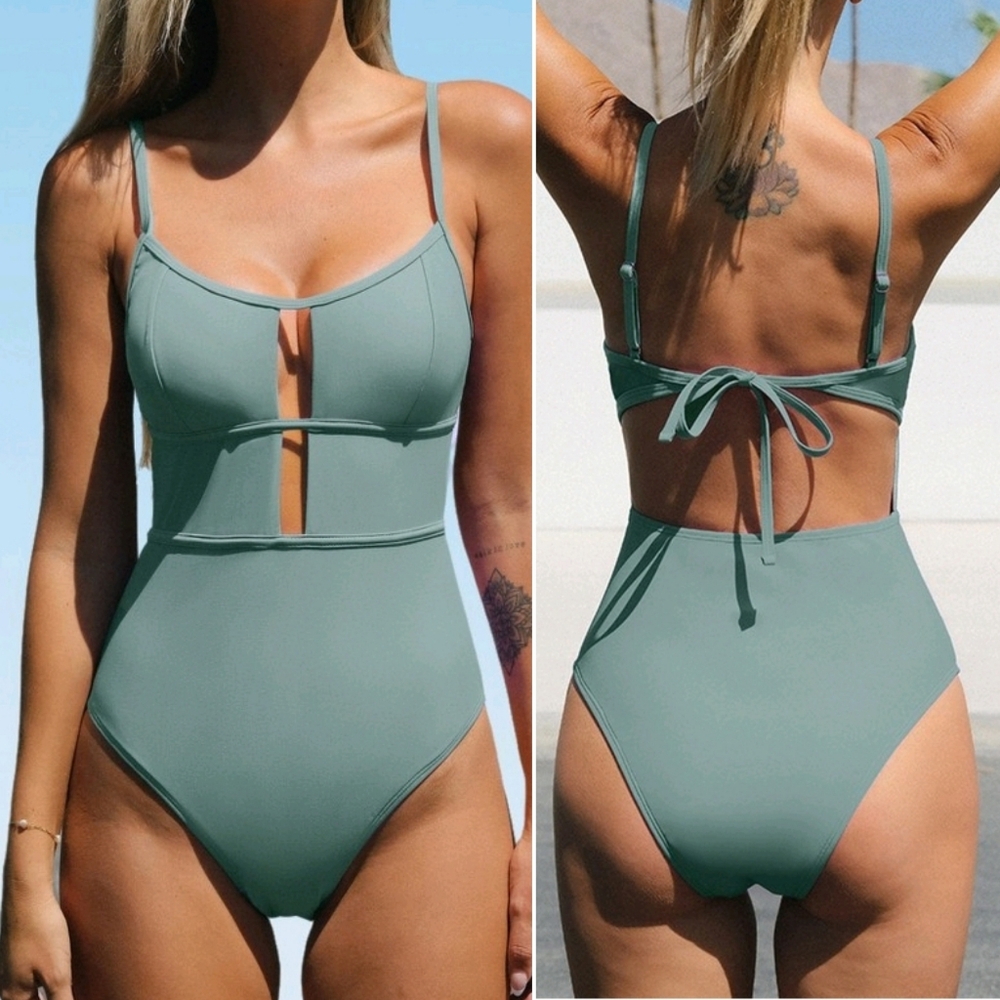 Women's Green One Piece Swimsuit with Unique Cutouts and Structured Bustier - Picture 11 of 11